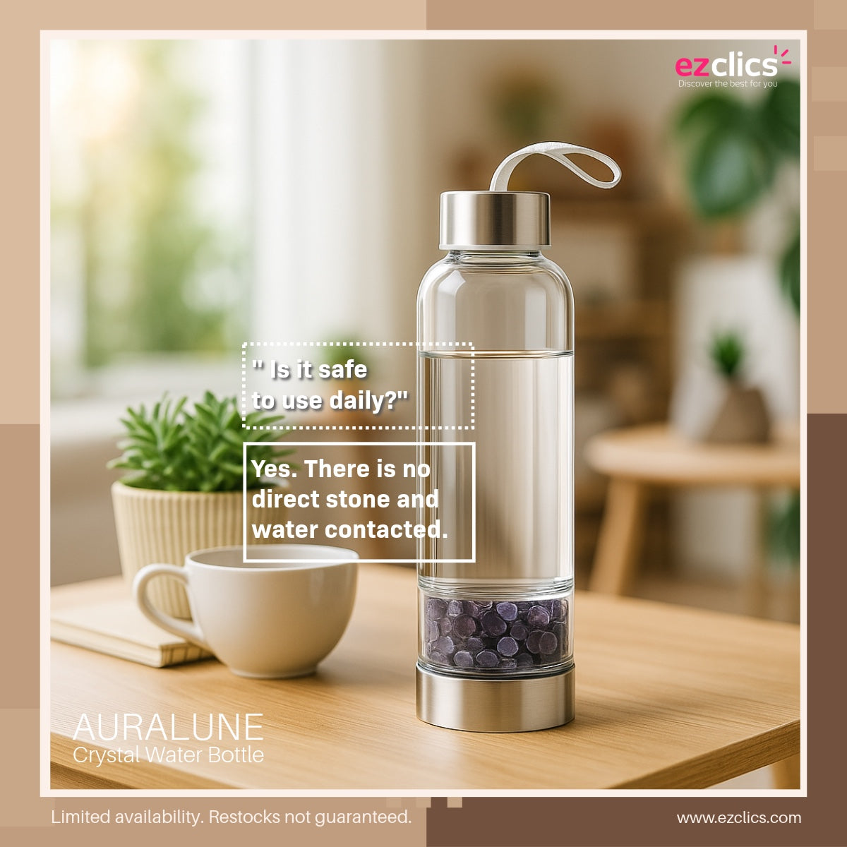 Auralune™ Crystal Water Bottle – Rose Quartz for Self-Love & Healing