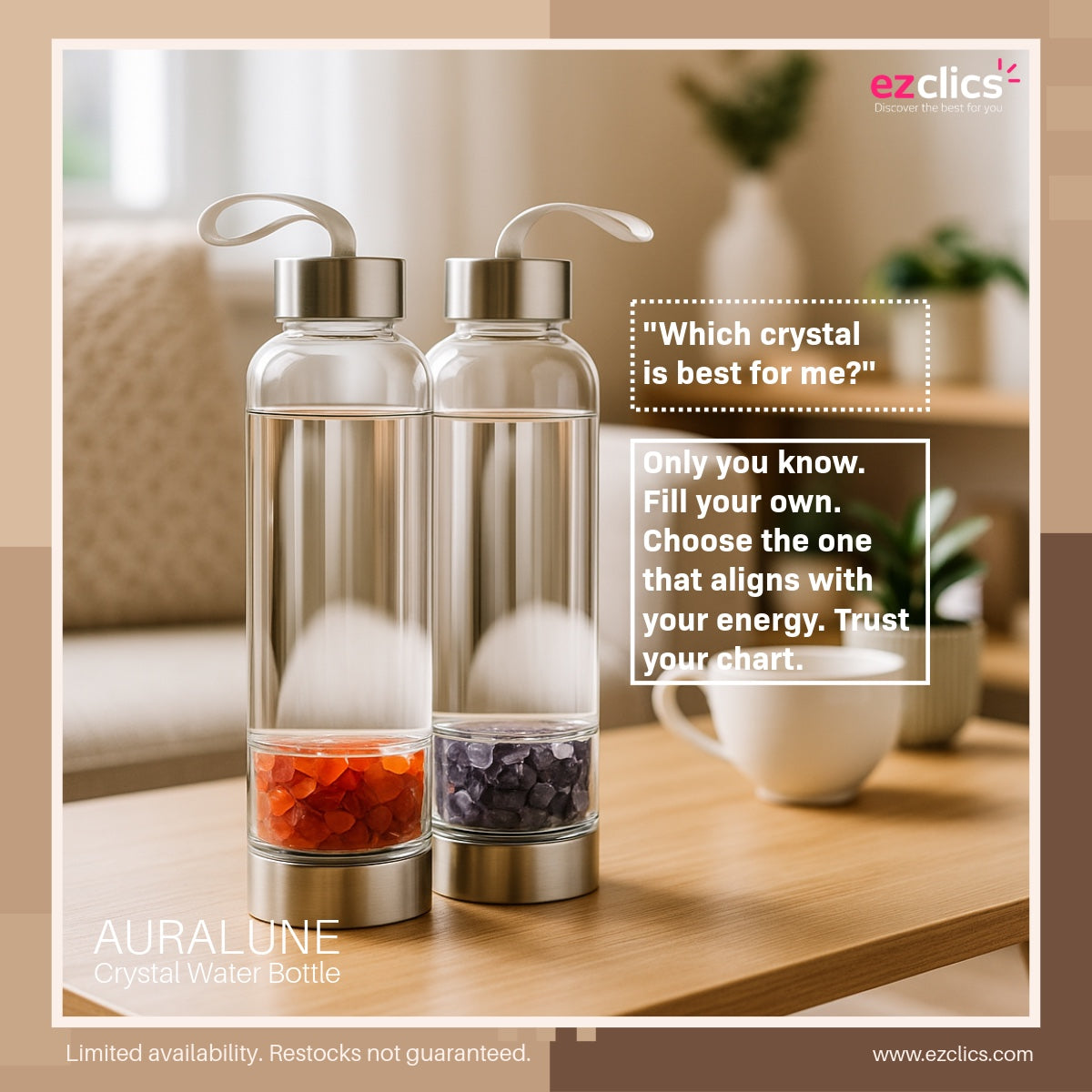 Auralune™ Crystal Water Bottle – Rose Quartz for Self-Love & Healing