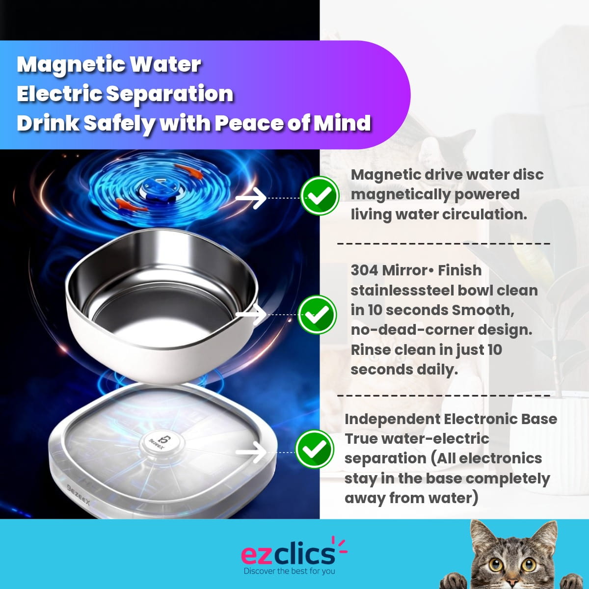 Ezclics™ Magnetic Drive Premium Cat Fountain | Filterless, Ultra-Quiet 19dB