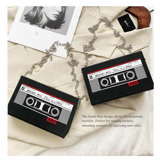 Retro cassette clutch bag with chain strap