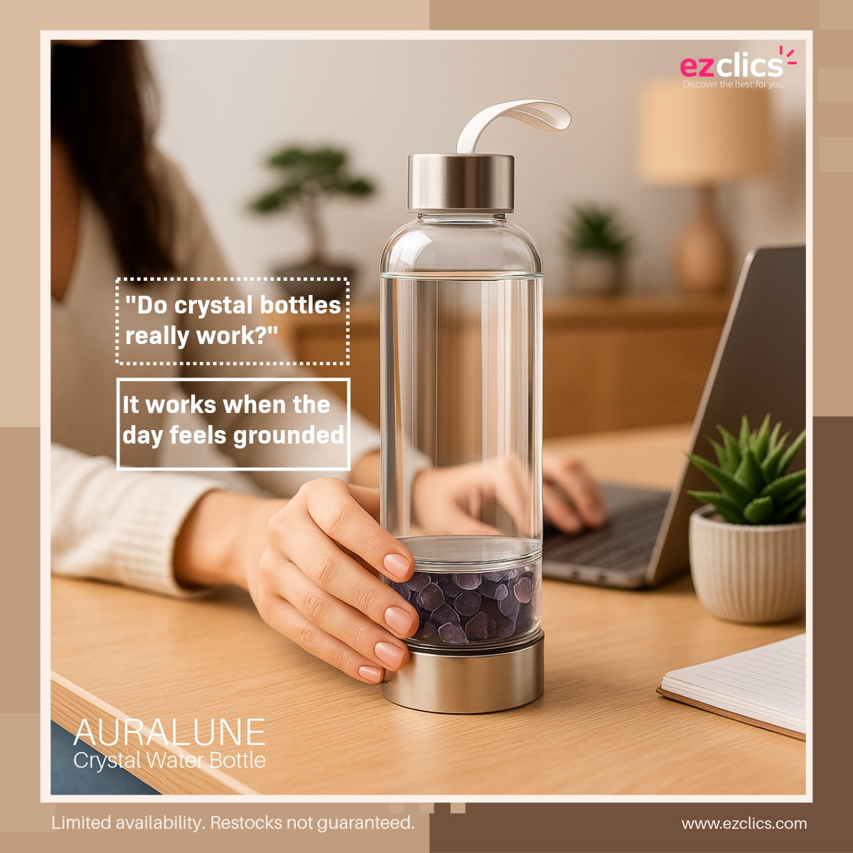 Auralune™ Crystal Water Bottle – Rose Quartz for Self-Love & Healing
